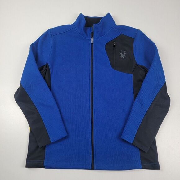 Spyder Full Zip Sweater Jacket Waffle Knit Fleece Mens Large Black Blue Winter - Picture 1 of 10